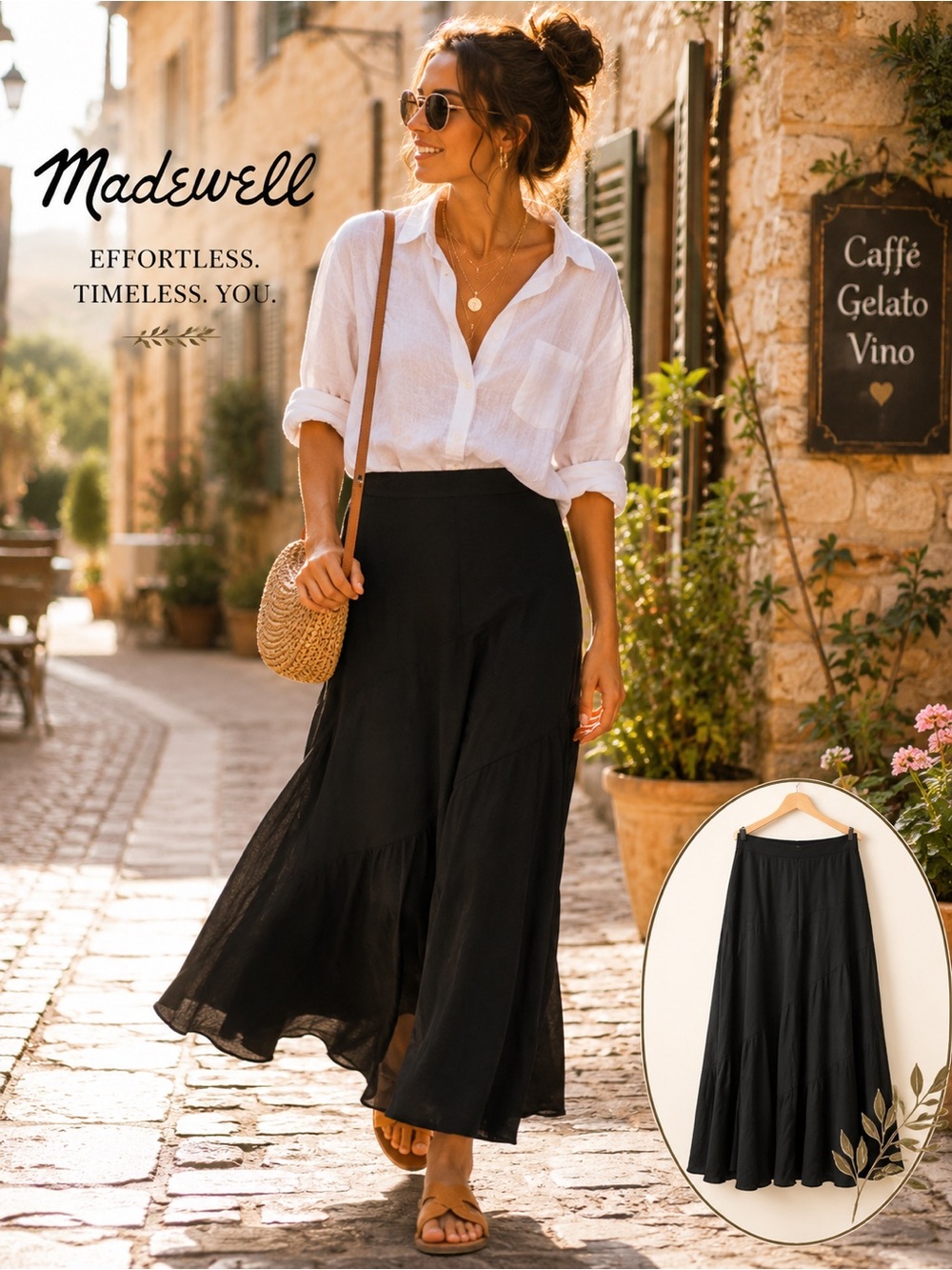NWT Madewell Black Tiered Maxi Skirt Size 12 Flowy Boho Minimalist Cottagecore